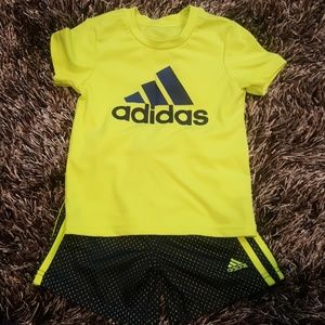 Navy Blue and Neon Green Adidas Short Set
